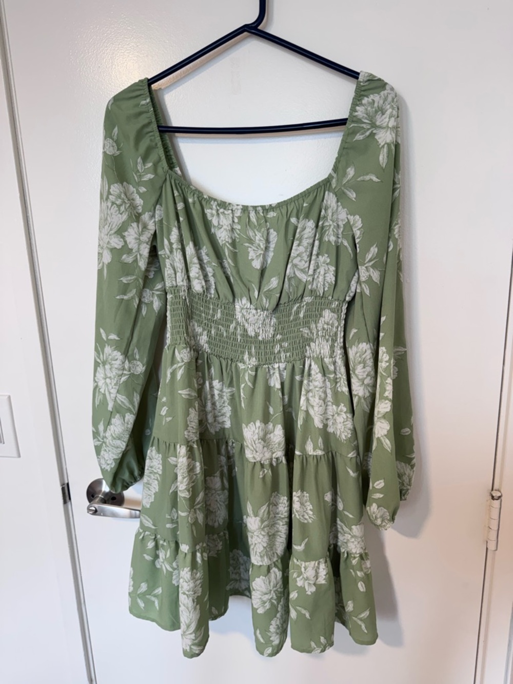 Pie in the Sky Sage Green Floral Long Sleeve Smocked Waist Dress